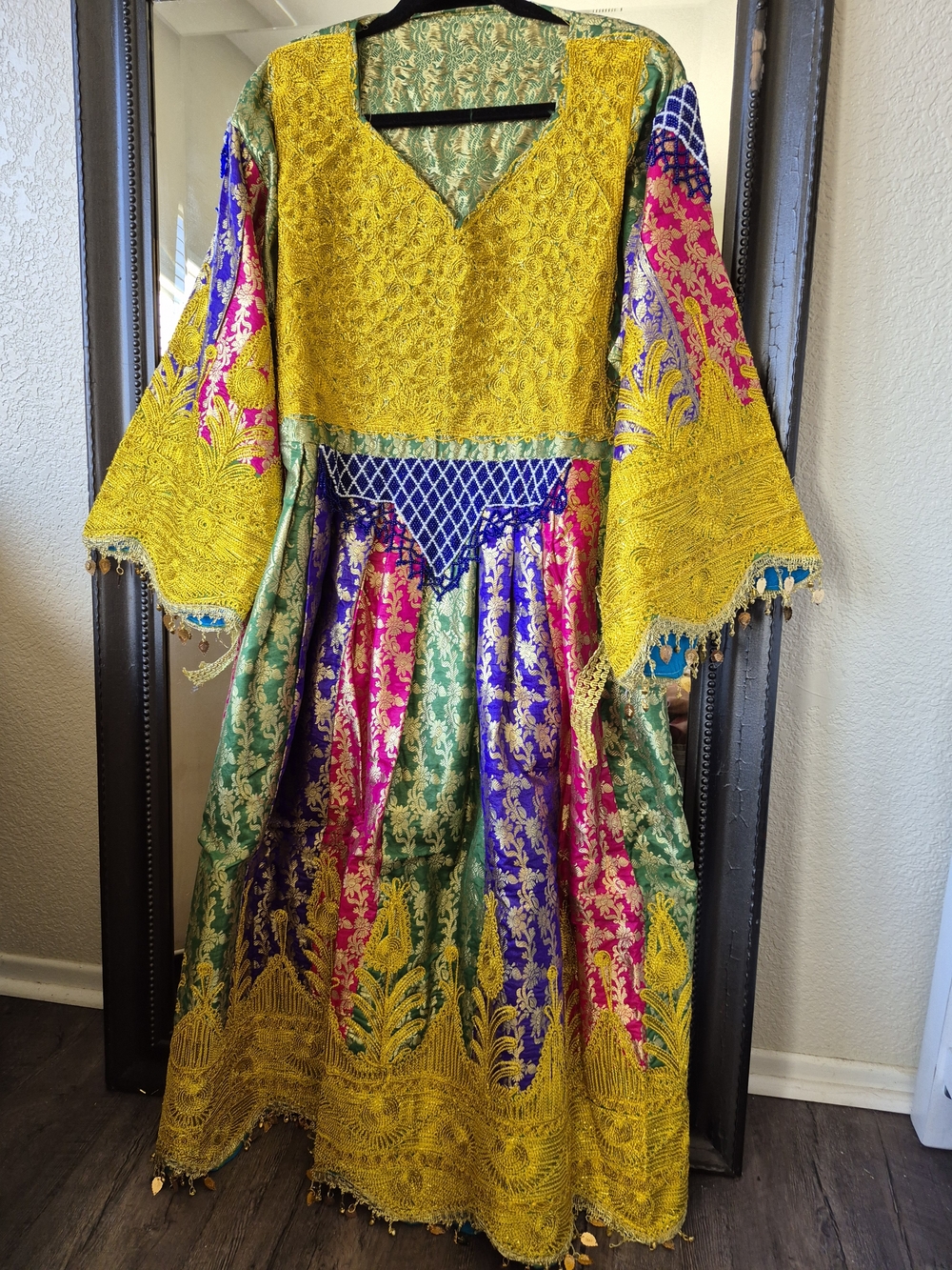 💕Beautiful Multi-Color Embroidered Blue Beaded Maxi Dress with Gold Lace💕